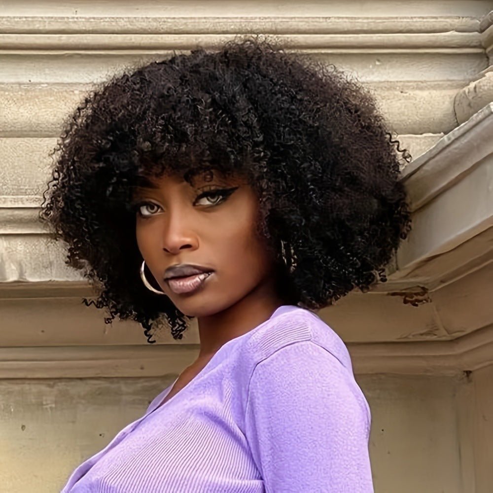 100% Human Hair Kinky Curly Wig with Bangs 10" - WigWonders