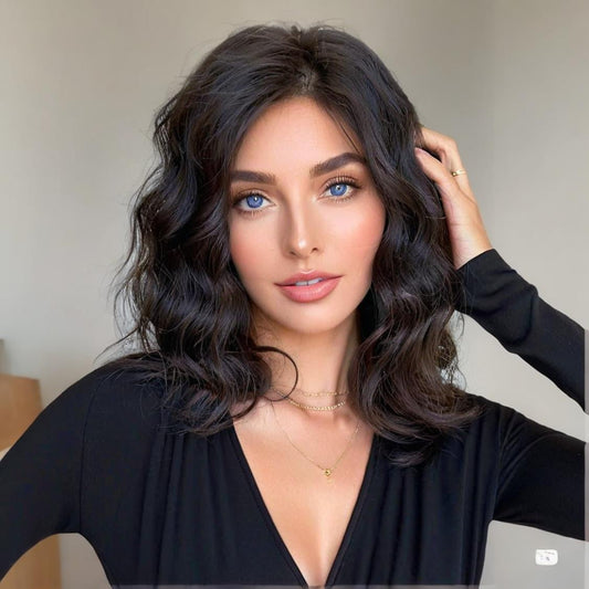 16 Inch Synthetic Short Curly Wig Black Fluffy Wavy Bob Wig for Women - WigWonders