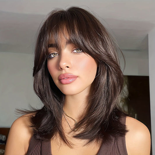 18" Layered Straight Synthetic Brown Wig - WigWonders