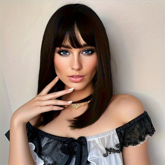 18in High - Temp Synthetic Mid - Length Wig with Air Bangs — Black, Dark Brown - WigWonders