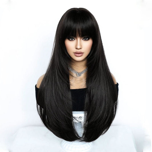27" Layered Black Synthetic Wig with Airy Bangs - Full Cap - WigWonders