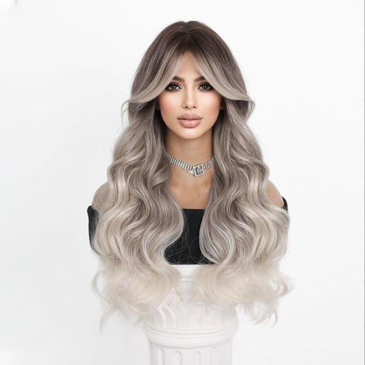 27" Ombre Grey Blonde Water Wave Synthetic Long Curly Wig - WigWonders