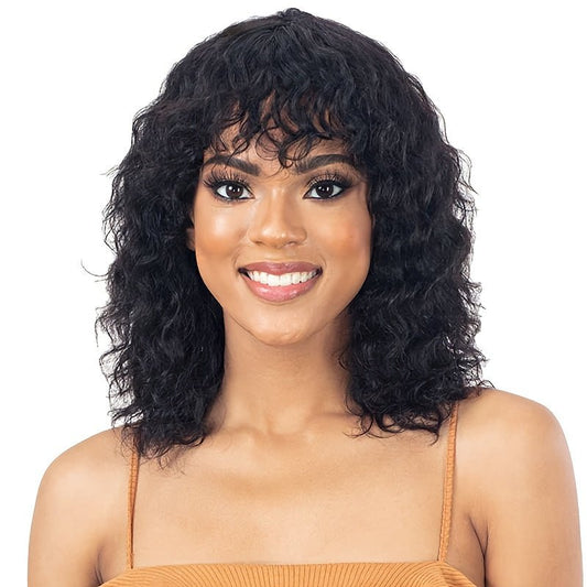 Glamorous 14" Human Hair Curly Wave Wig with Bangs - WigWonders