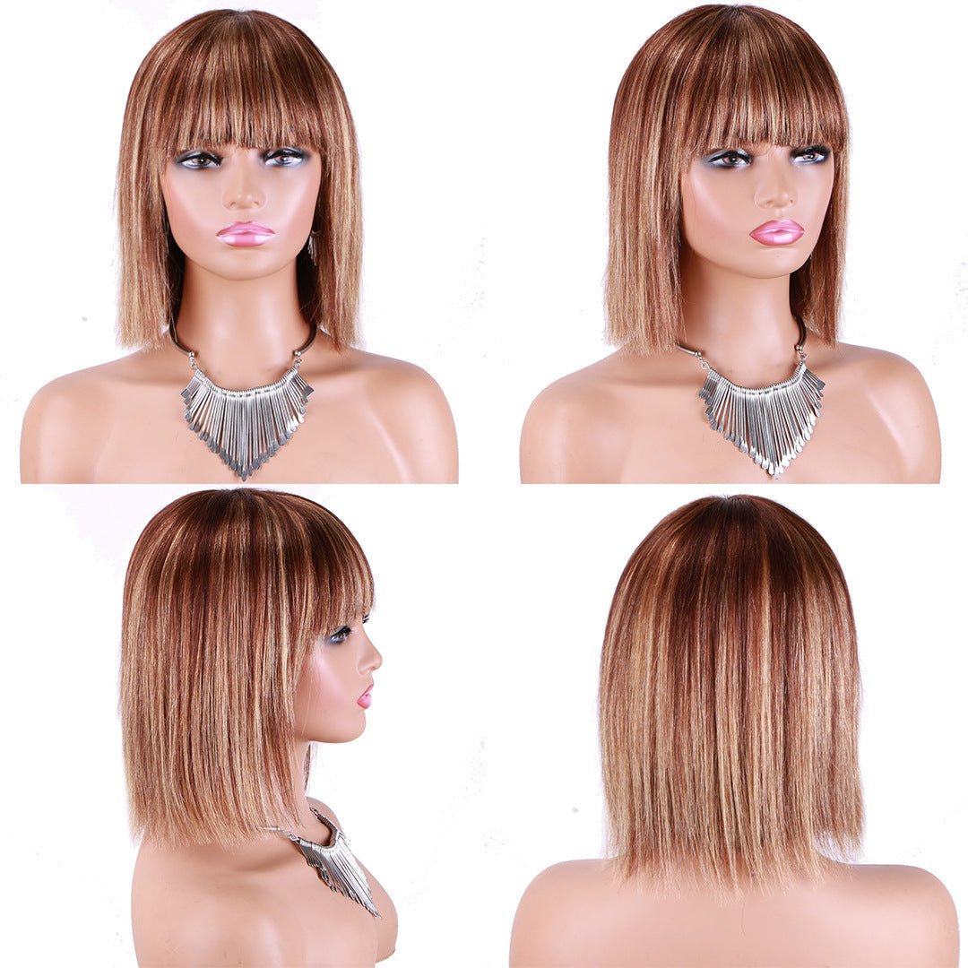 Human Hair Straight Bob Wig with Bangs Piano Color 8 - 14" - WigWonders