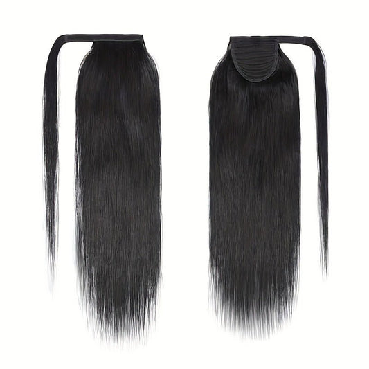 Seamless Wrap - Around Straight Human Hair Ponytail Extension - Natural Black - WigWonders