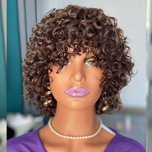 Short Curly Human Hair Wig with Bangs – 150% Density - WigWonders