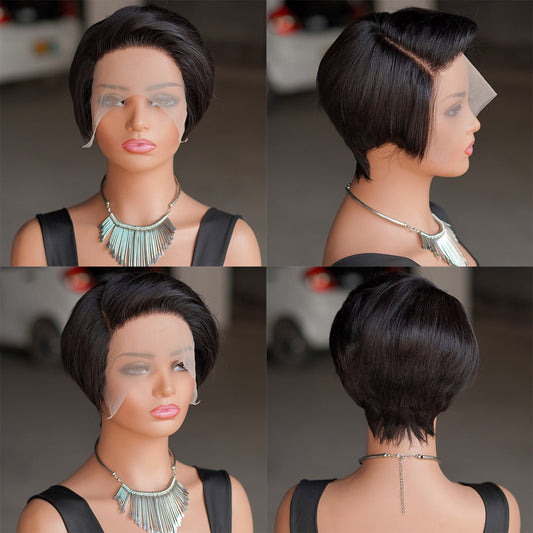 Short T - Lace Bob Pixie Human Hair Wig - 6 - 7" Black - WigWonders