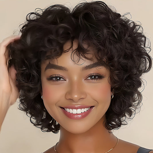 Short Voluminous Curly Human Hair Wig with Bangs - WigWonders