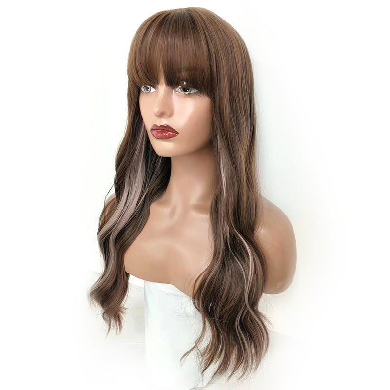 Synthetic Long Wavy Wig with Air Bangs - Brown Highlighted - WigWonders