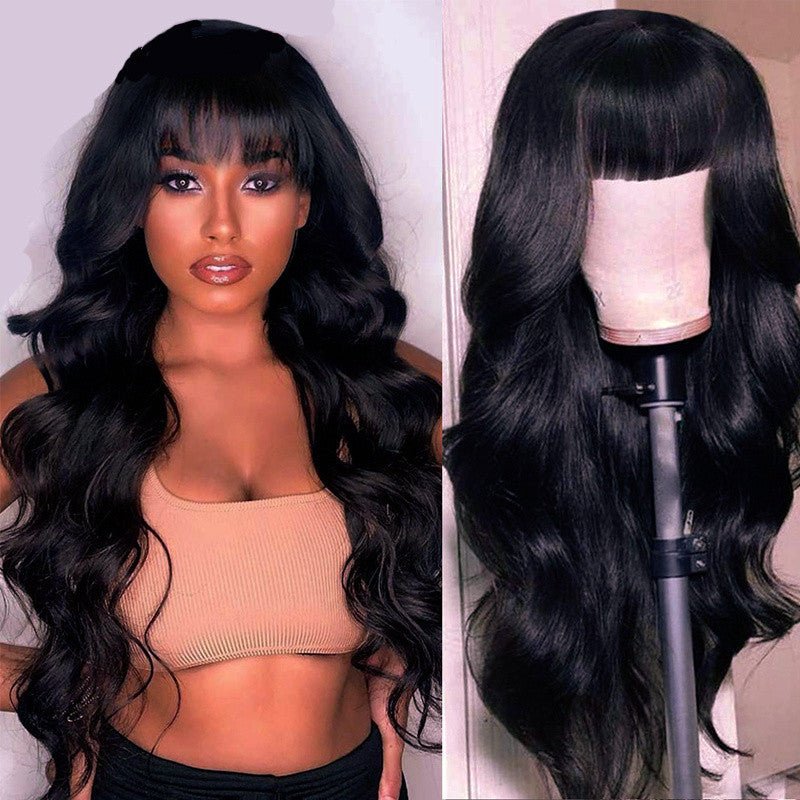 Synthetic Long Wavy Wig with Bangs - Full Cap Rose/Weft Net - WigWonders