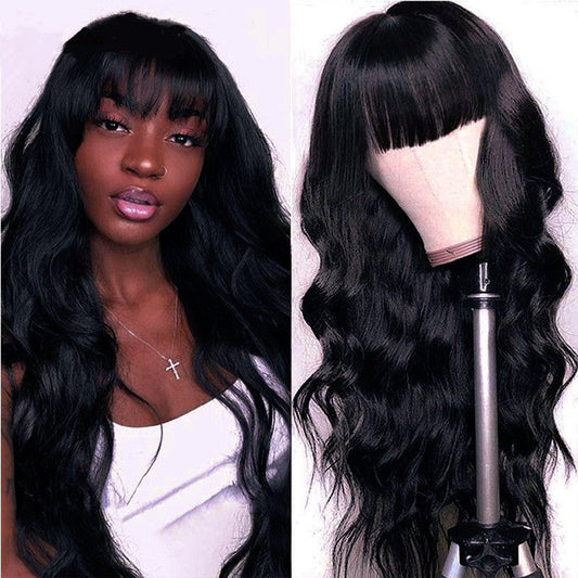 Synthetic Long Wavy Wig with Bangs - Full Cap Rose/Weft Net - WigWonders