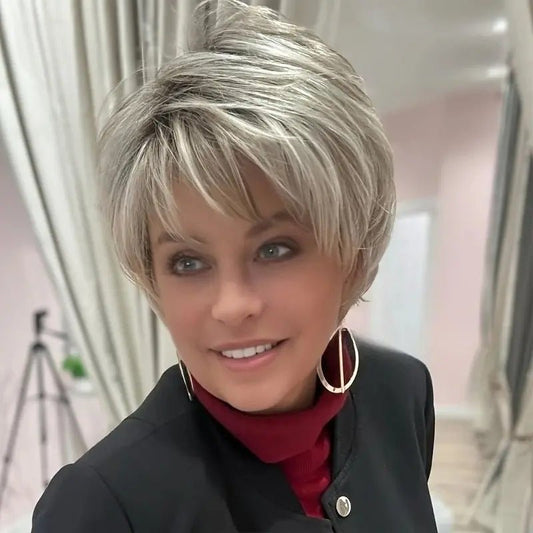 Synthetic Short Curly Pixie Wig - Grey with Side Bangs - WigWonders