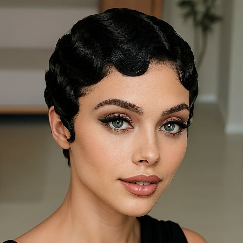 Vintage Finger Wave Human Hair Wig Short Pixie Cut Black - WigWonders