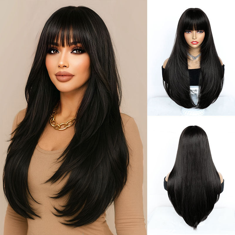 27" Layered Black Synthetic Wig with Airy Bangs - Full Cap
