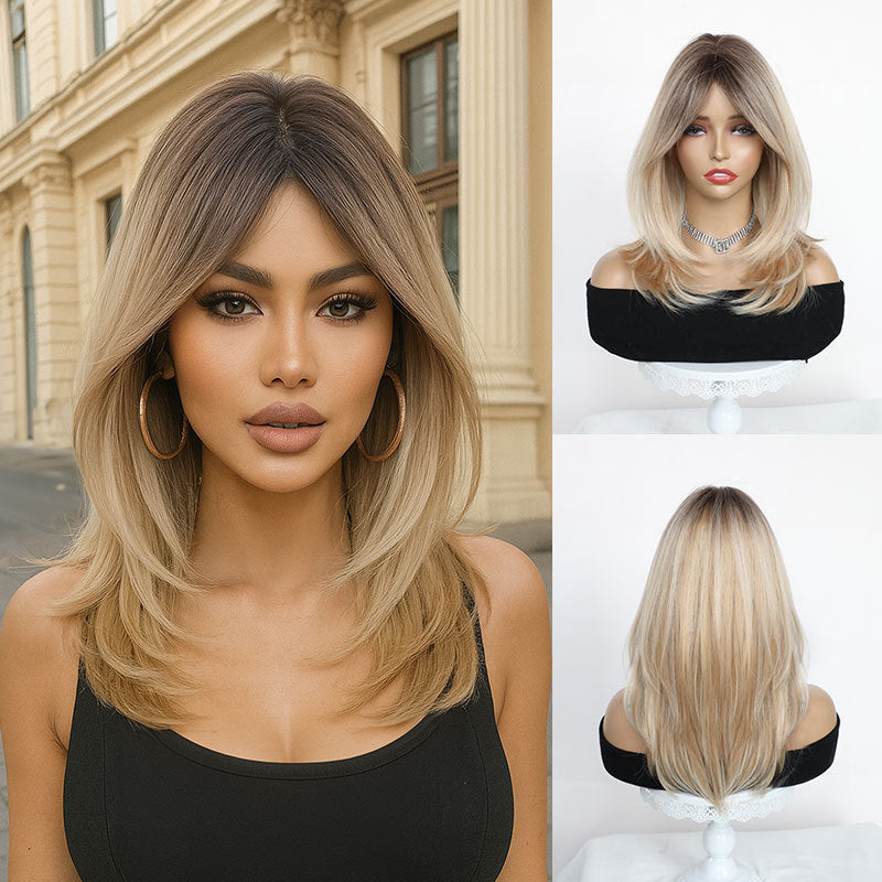 19" Dark Golden Ombre Synthetic Wig with Curtain Bangs