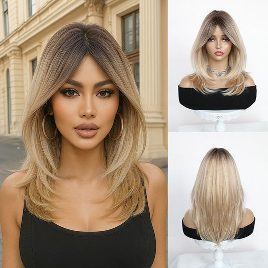 19" Dark Golden Ombre Synthetic Wig with Curtain Bangs