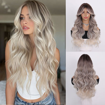 27" Ombre Grey Blonde Water Wave Synthetic Long Curly Wig