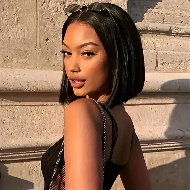 Human Hair Lace Front Bob Wig Straight Black 8"-14"