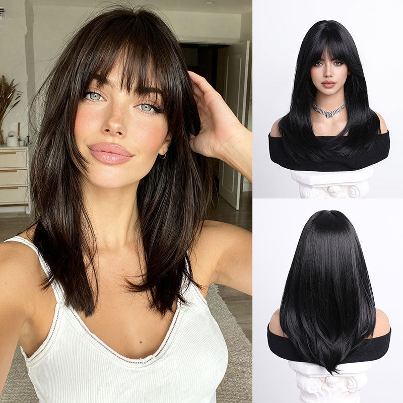 19 Inch Black Straight Wig with Blunt Bangs - Collarbone Length