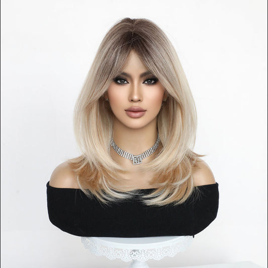 19" Dark Golden Ombre Synthetic Wig with Curtain Bangs