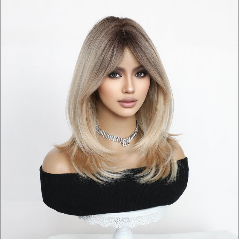 19" Dark Golden Ombre Synthetic Wig with Curtain Bangs