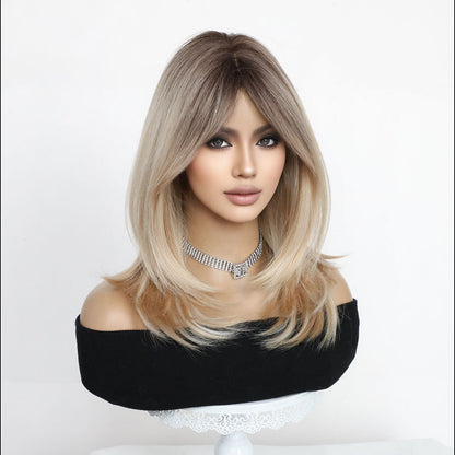 19" Dark Golden Ombre Synthetic Wig with Curtain Bangs