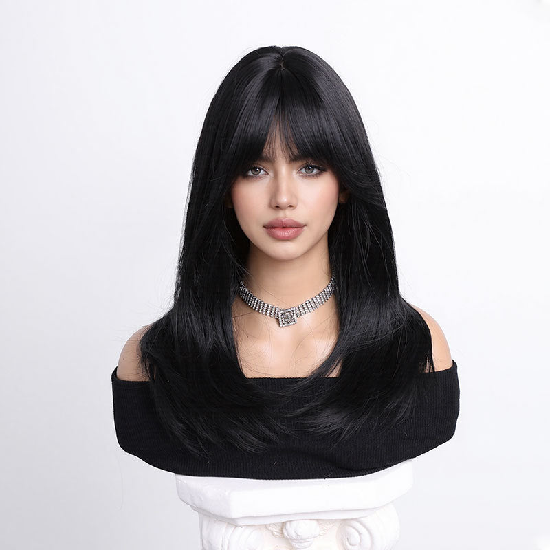 19 Inch Black Straight Wig with Blunt Bangs - Collarbone Length