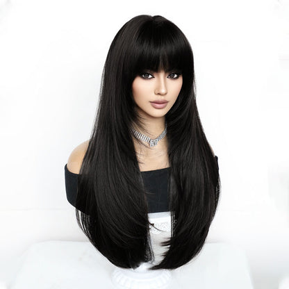 27" Layered Black Synthetic Wig with Airy Bangs - Full Cap