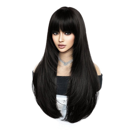 27" Layered Black Synthetic Wig with Airy Bangs - Full Cap
