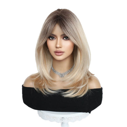 19" Dark Golden Ombre Synthetic Wig with Curtain Bangs