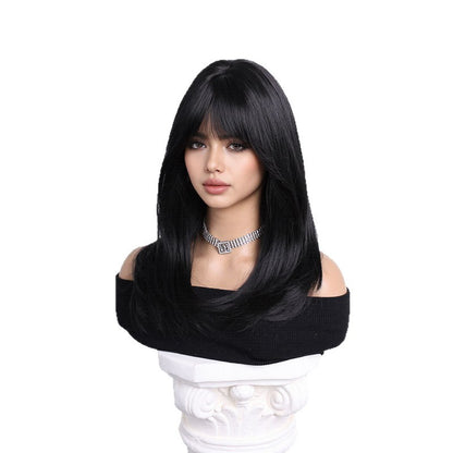 19 Inch Black Straight Wig with Blunt Bangs - Collarbone Length