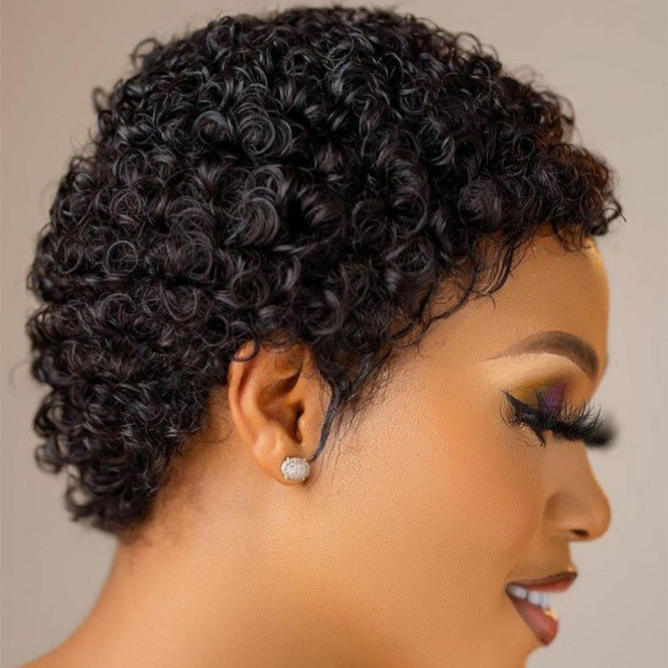 100% Human Afro Curly Pixie Wig with Bangs - WigWonders