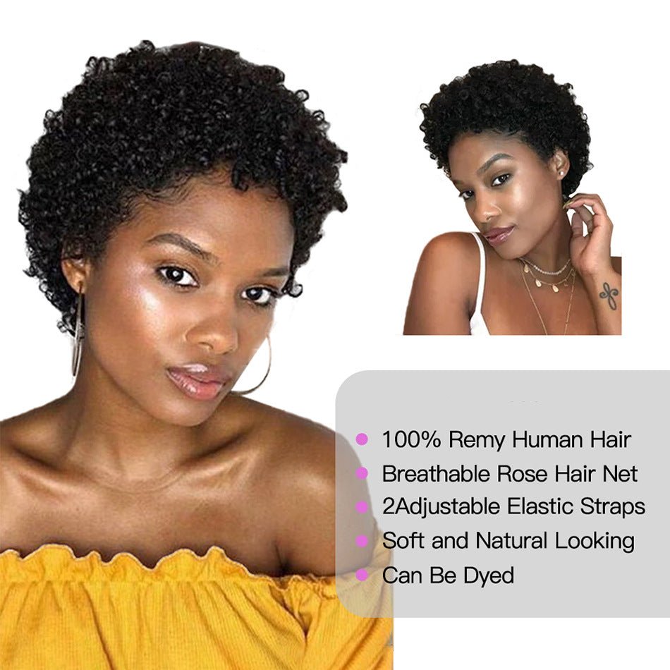 100% Human Afro Curly Pixie Wig with Bangs - WigWonders