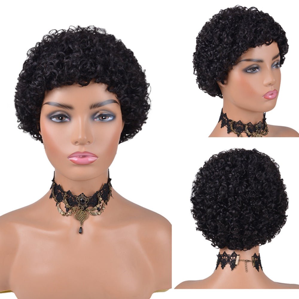 100% Human Afro Curly Pixie Wig with Bangs - WigWonders