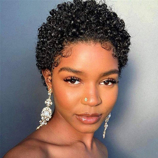 100% Human Afro Curly Pixie Wig with Bangs - WigWonders