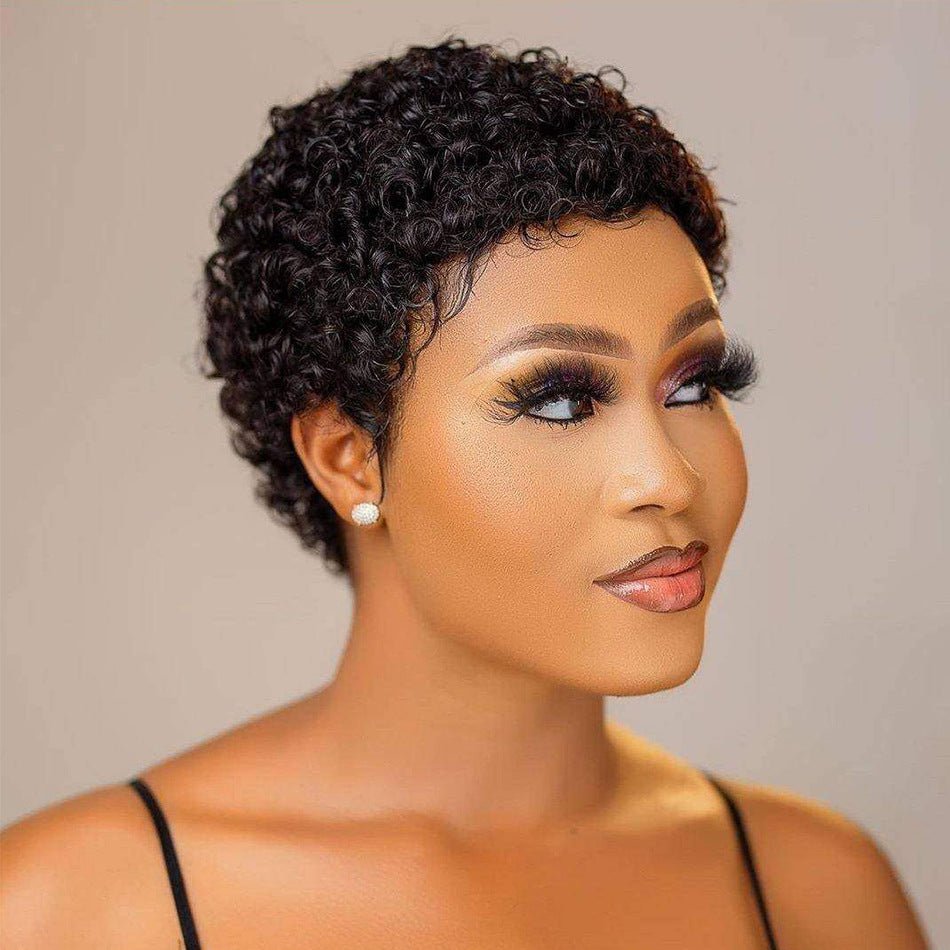 100% Human Afro Curly Pixie Wig with Bangs - WigWonders