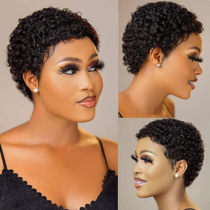 100% Human Afro Curly Pixie Wig with Bangs - WigWonders