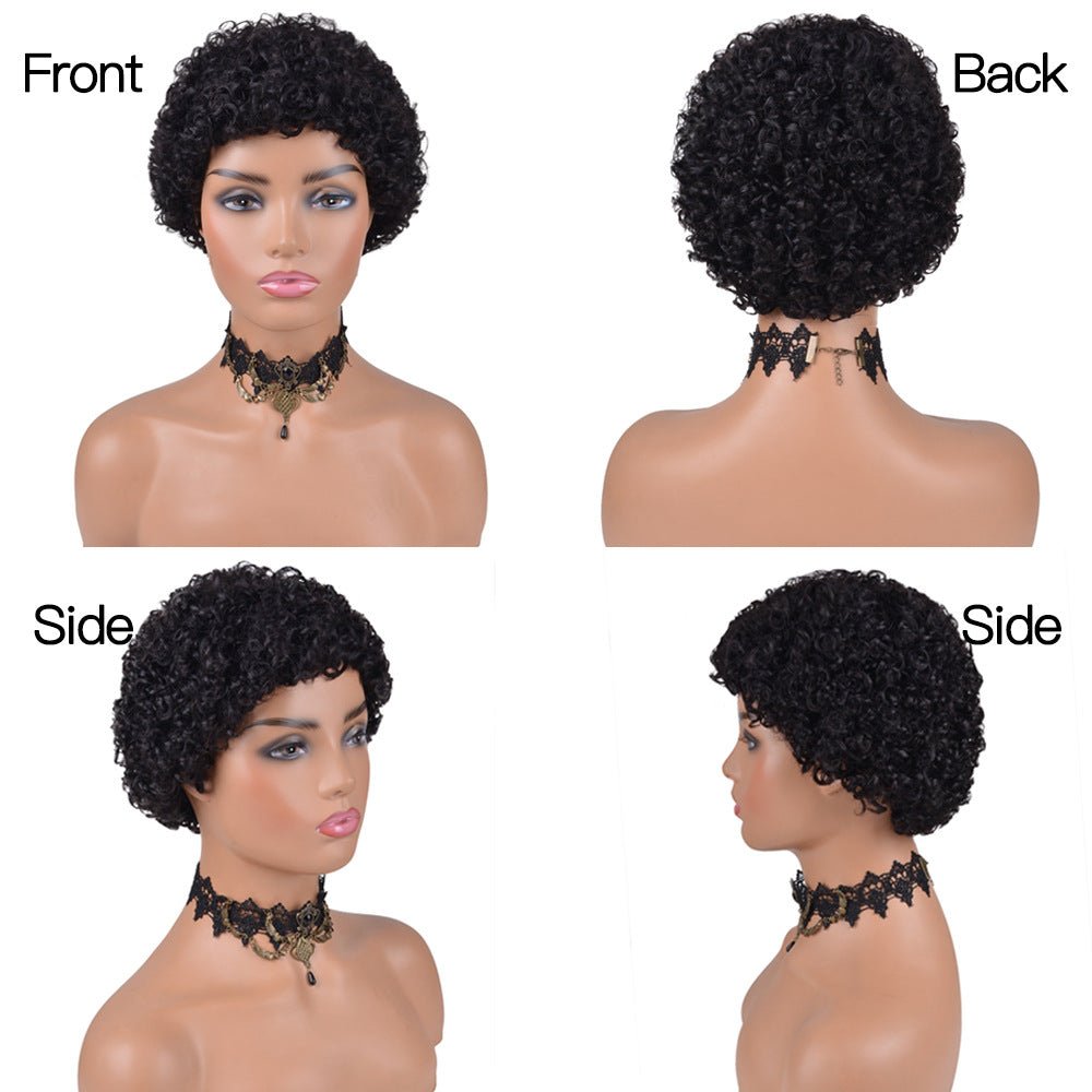 100% Human Afro Curly Pixie Wig with Bangs - WigWonders