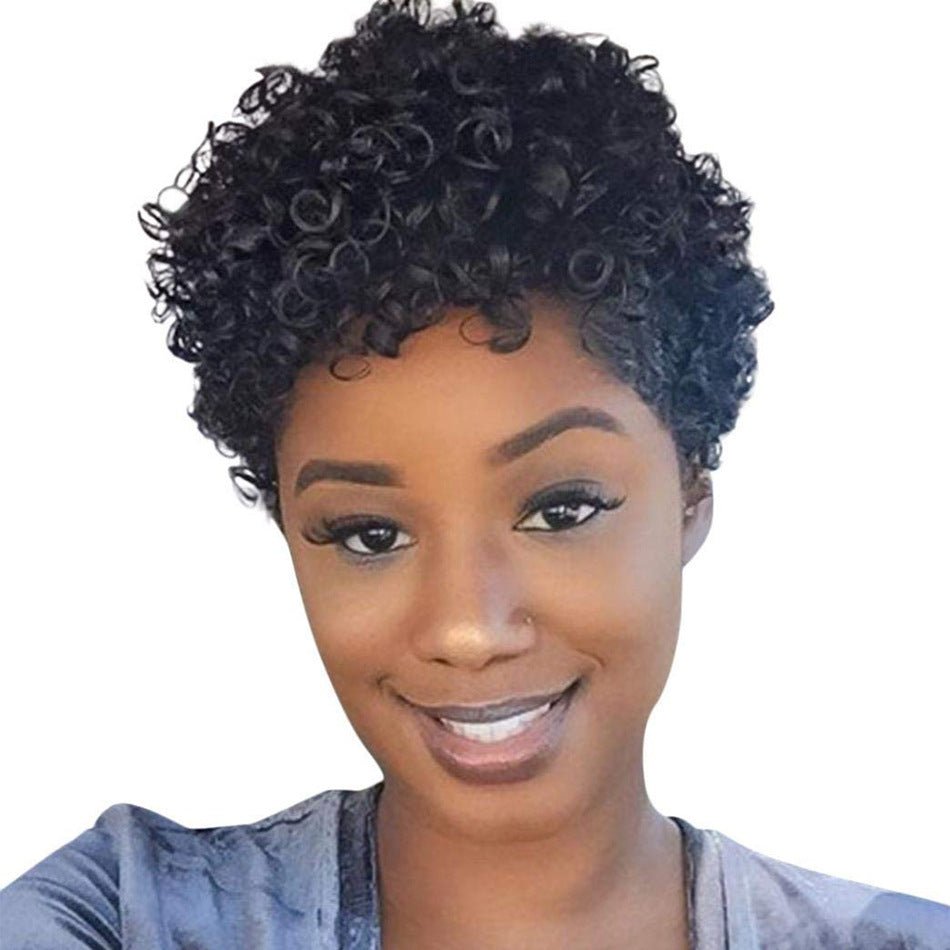 100% Human Afro Curly Pixie Wig with Bangs - WigWonders