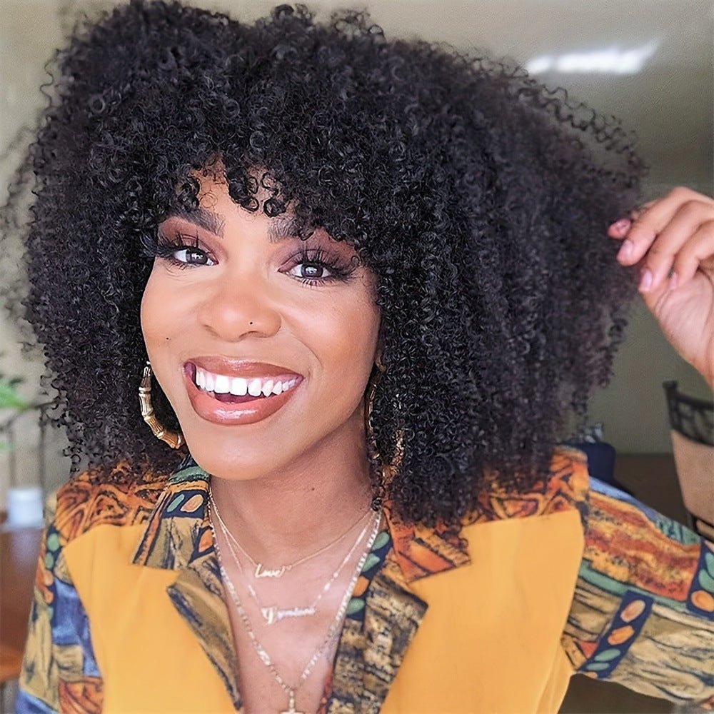 100% Human Hair Kinky Curly Wig with Bangs 10" - WigWonders
