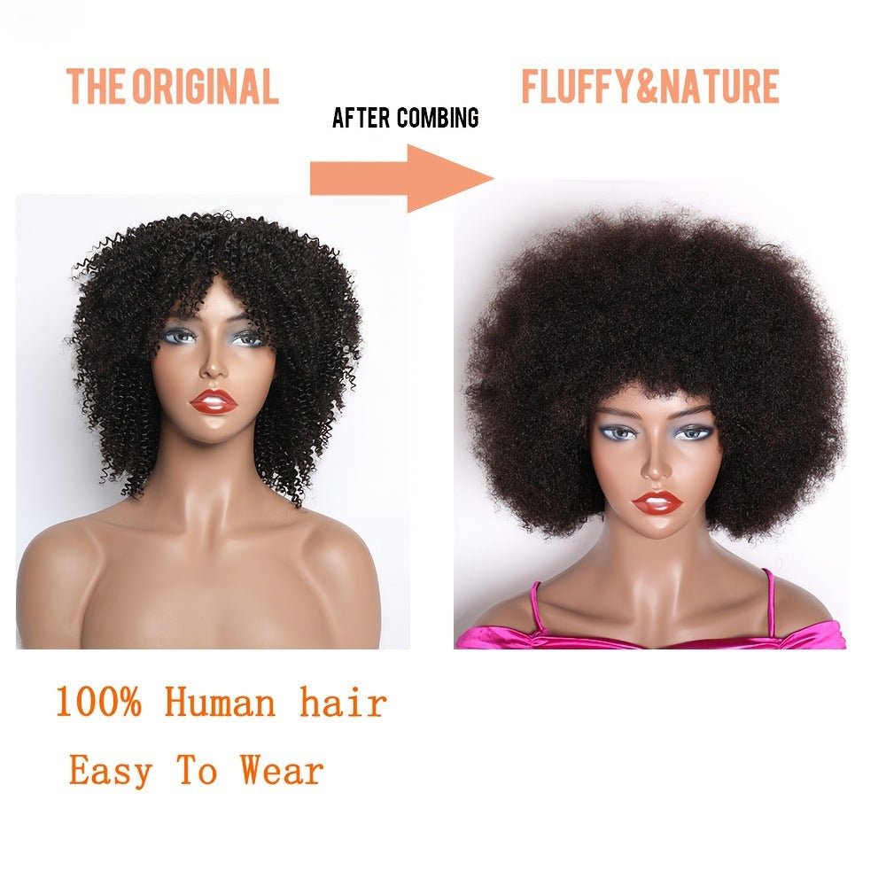 100% Human Hair Kinky Curly Wig with Bangs 10" - WigWonders