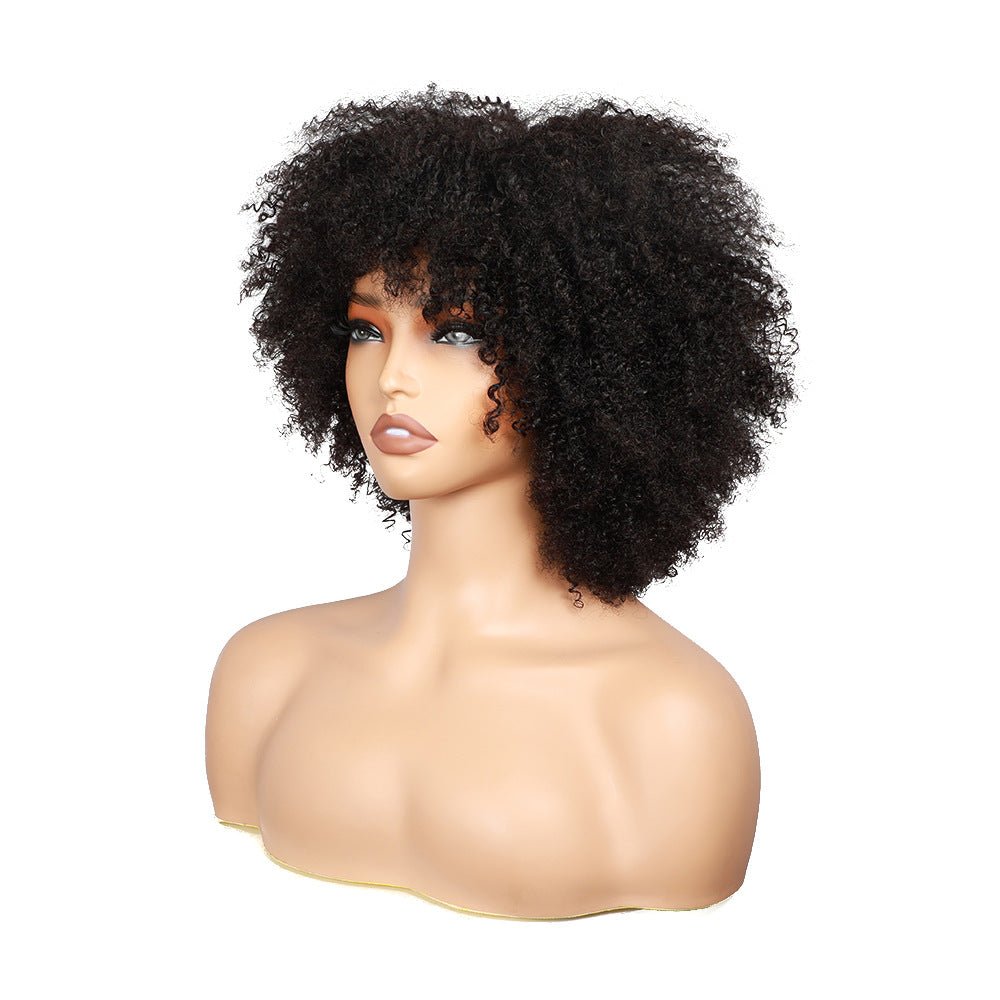 100% Human Hair Kinky Curly Wig with Bangs 10" - WigWonders