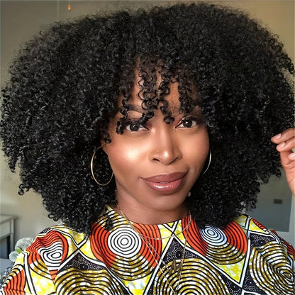100% Human Hair Kinky Curly Wig with Bangs 10" - WigWonders