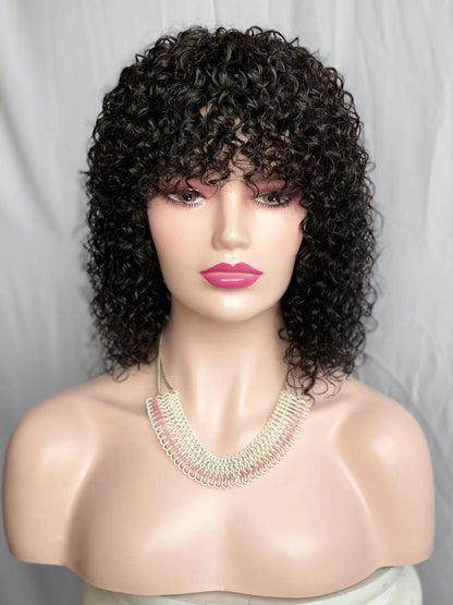 12 Inch Curly Bob Human Hair Wig with Bangs – Black / Light Brown - WigWonders