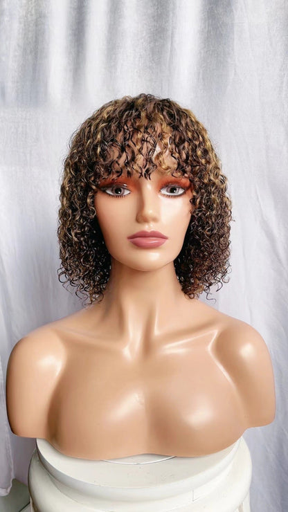 12 Inch Curly Bob Human Hair Wig with Bangs – Black / Light Brown - WigWonders