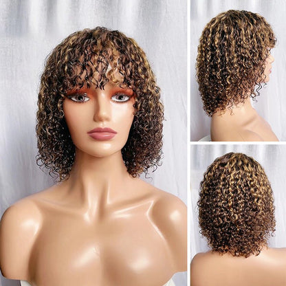 12 Inch Curly Bob Human Hair Wig with Bangs – Black / Light Brown - WigWonders