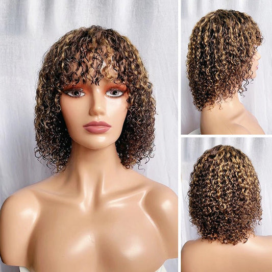 12 Inch Curly Bob Human Hair Wig with Bangs – Black / Light Brown - WigWonders