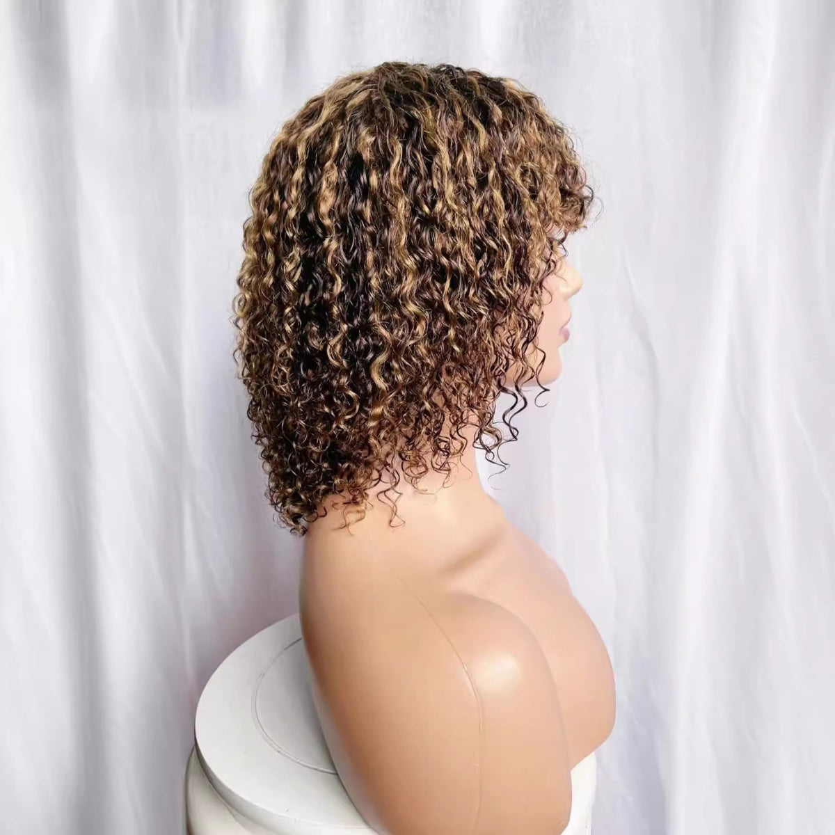 12 Inch Curly Bob Human Hair Wig with Bangs – Black / Light Brown - WigWonders