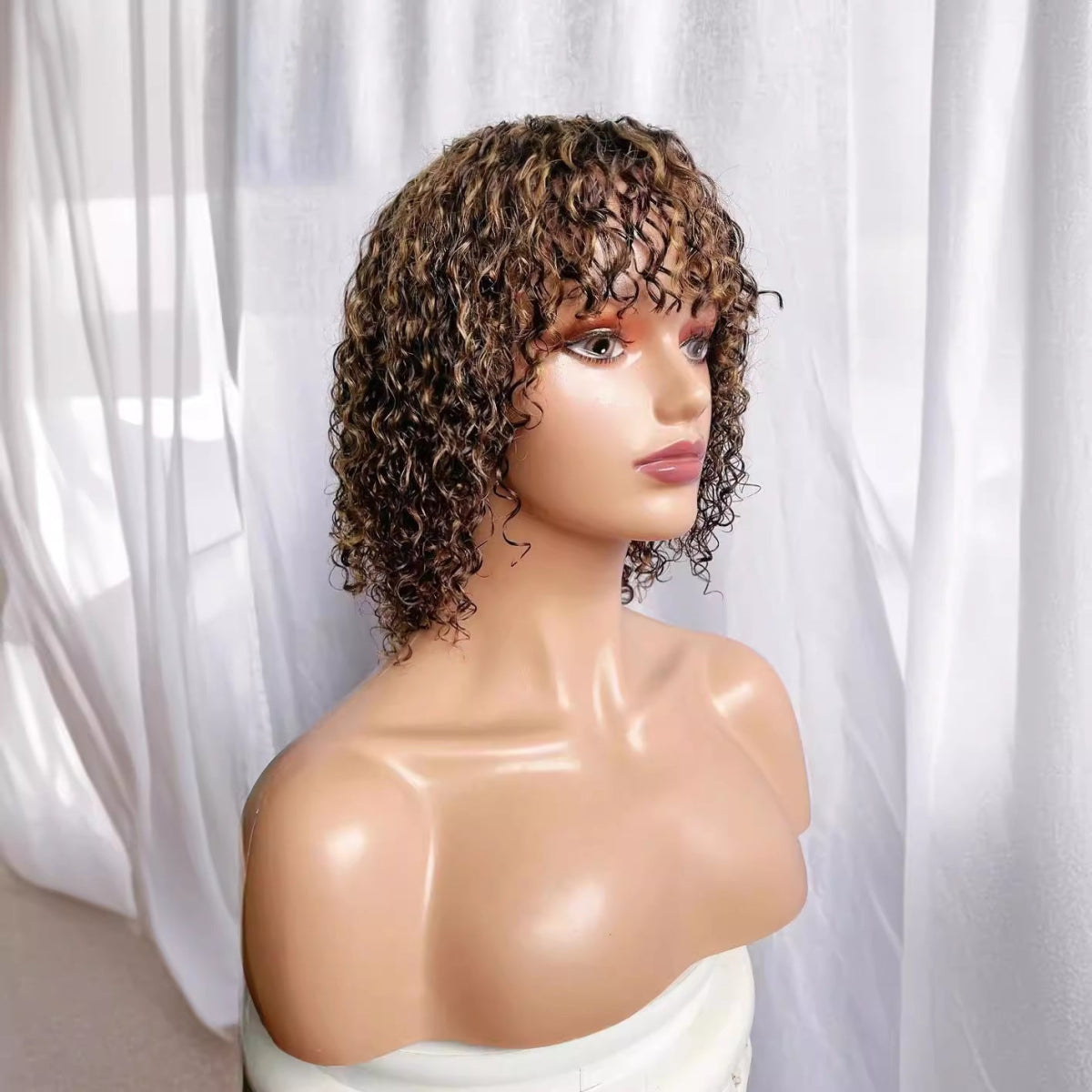 12 Inch Curly Bob Human Hair Wig with Bangs – Black / Light Brown - WigWonders
