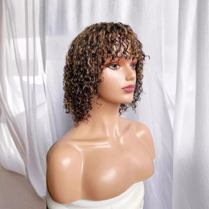 12 Inch Curly Bob Human Hair Wig with Bangs – Black / Light Brown - WigWonders